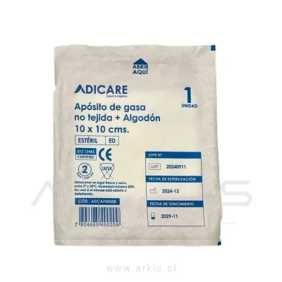 Apósito Gasa no Tejida + Algodón Adicare 10x10 cm 10 Unidades