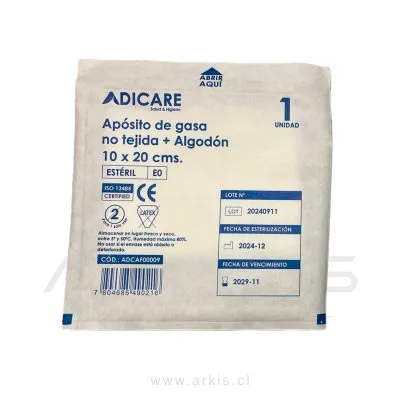 Apósito Gasa no Tejida + Algodón Adicare 10x20 cm 10 Unidades