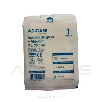 Apósito Gasa Tejida + Algodón Adicare 7x20 cm 10 Unidades