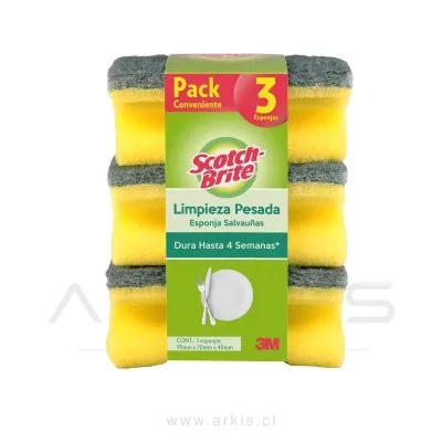 Esponja Acanalada 3M Scotch Brite Limpieza Pesada Salvauñas Pack 3 Unidades