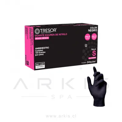 Guantes de Nitrilo Tresor Examinación Sin Polvo Talla S Negro 100 Unidades