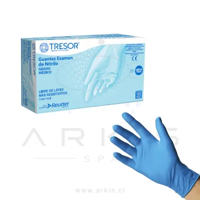 Guantes de Nitrilo Tresor Examinación Sin Polvos Talla S Azul 100 Unidades