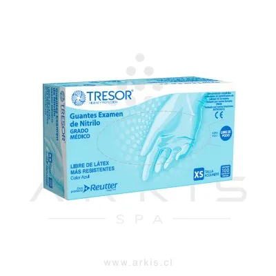 Guantes de Nitrilo Tresor Examinación Sin Polvos Talla XS Azul 100 Unidades