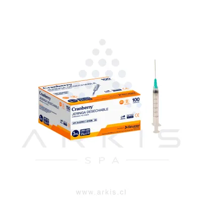 Jeringa con Aguja Cranberry Luer Lock 3 ml Caja 100 Unidades