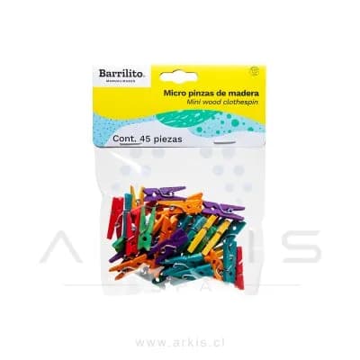 Micro Pinza Barrilito Madera a Color Paquete de 45 Unidades