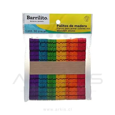 Palos de Helado Barrilito Ranurados Colores Surtidos 50 Unidades
