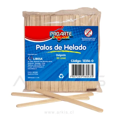 Palos De Helado Proarte Color Delgado Natural 50 Unidades