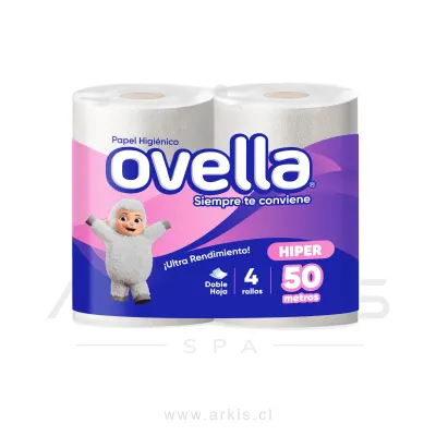Papel Higiénico Ovella Hiper Hoja Doble 4 Rollos 50 m