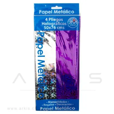 Papel Metálico JM Import Holográfico 50x76 cm Plata Lila 4 Unidades