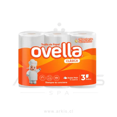 Toalla de Papel Ovella Clásica Doble Hoja 3 Rollos 11 m