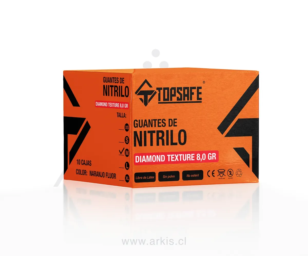 Box Guante de Nitrilo Texturizado Naranjo 8 grs Topsafe 10 x 50u